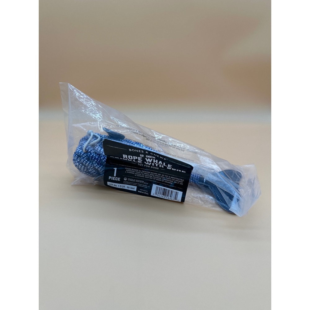 Bones & Chews 12 Inch Rope Whale Crinkle With Bone Dog Toy Blue White New